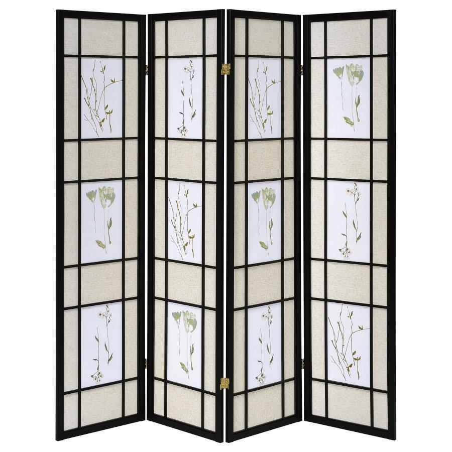 Catabella - 4-Panel Room Divider Folding Shoji Screen Floral - Black