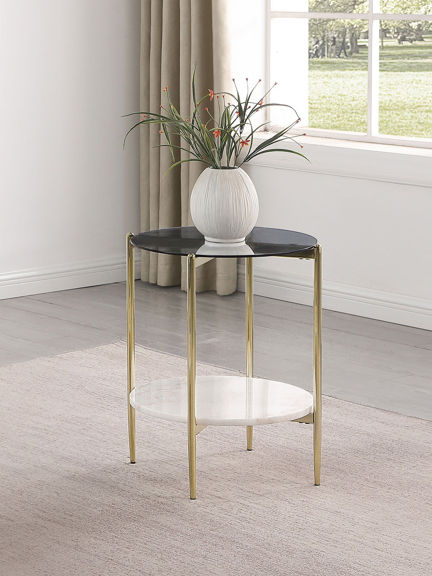 Jonelle - Round Glass Top End Table White Marble Shelf Gold - Smoke