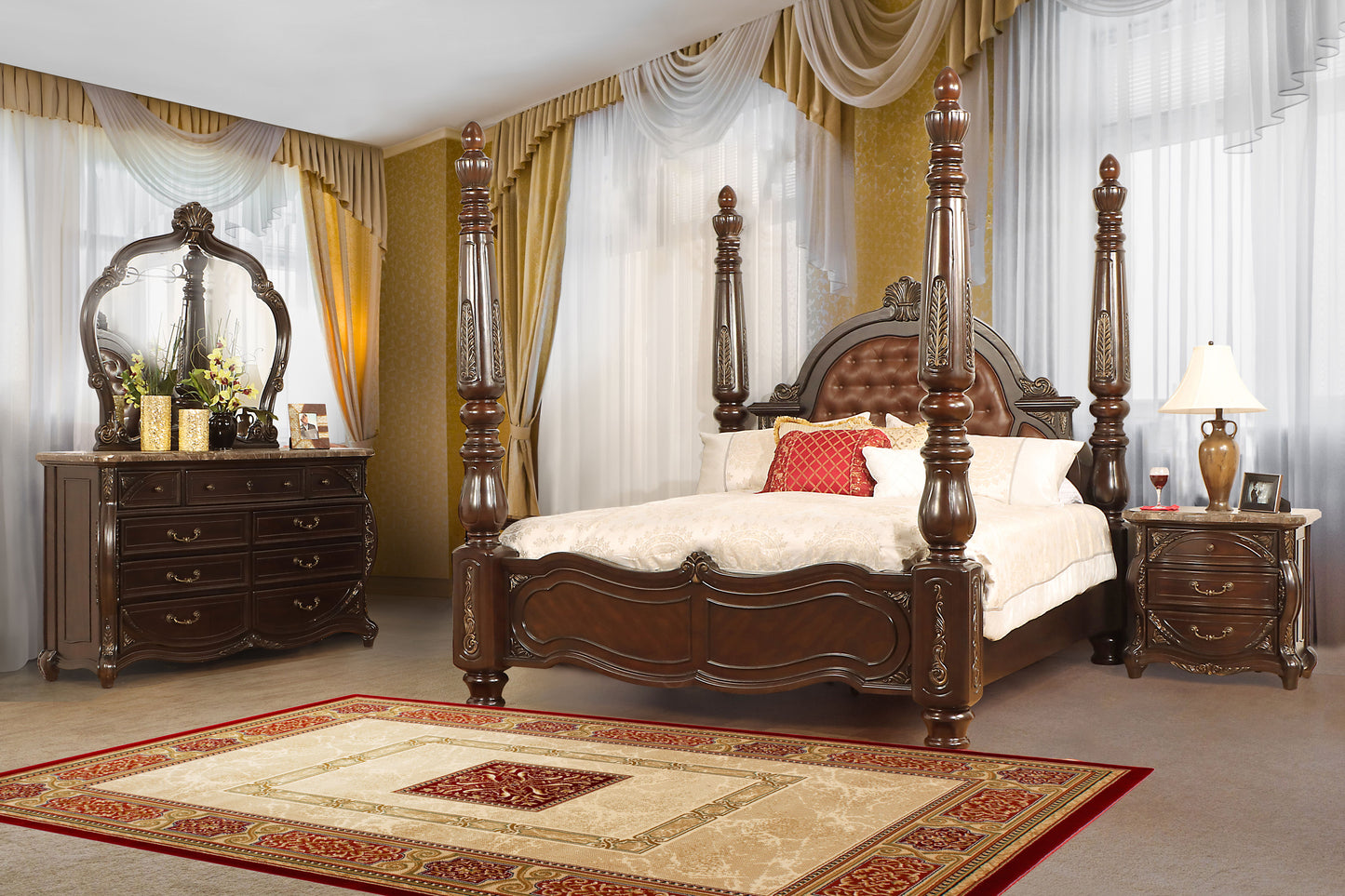 Palazzo Marina - 6/0 Western King Poster Bed 4 Piece Bedroom Set (Bed, Dresser, Mirror, Nightstand) - Dark Brown