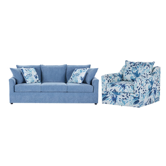 Sylvie - 2 Piece Living Room Set (Sofa & Swivel Chair) - Blue And White Print