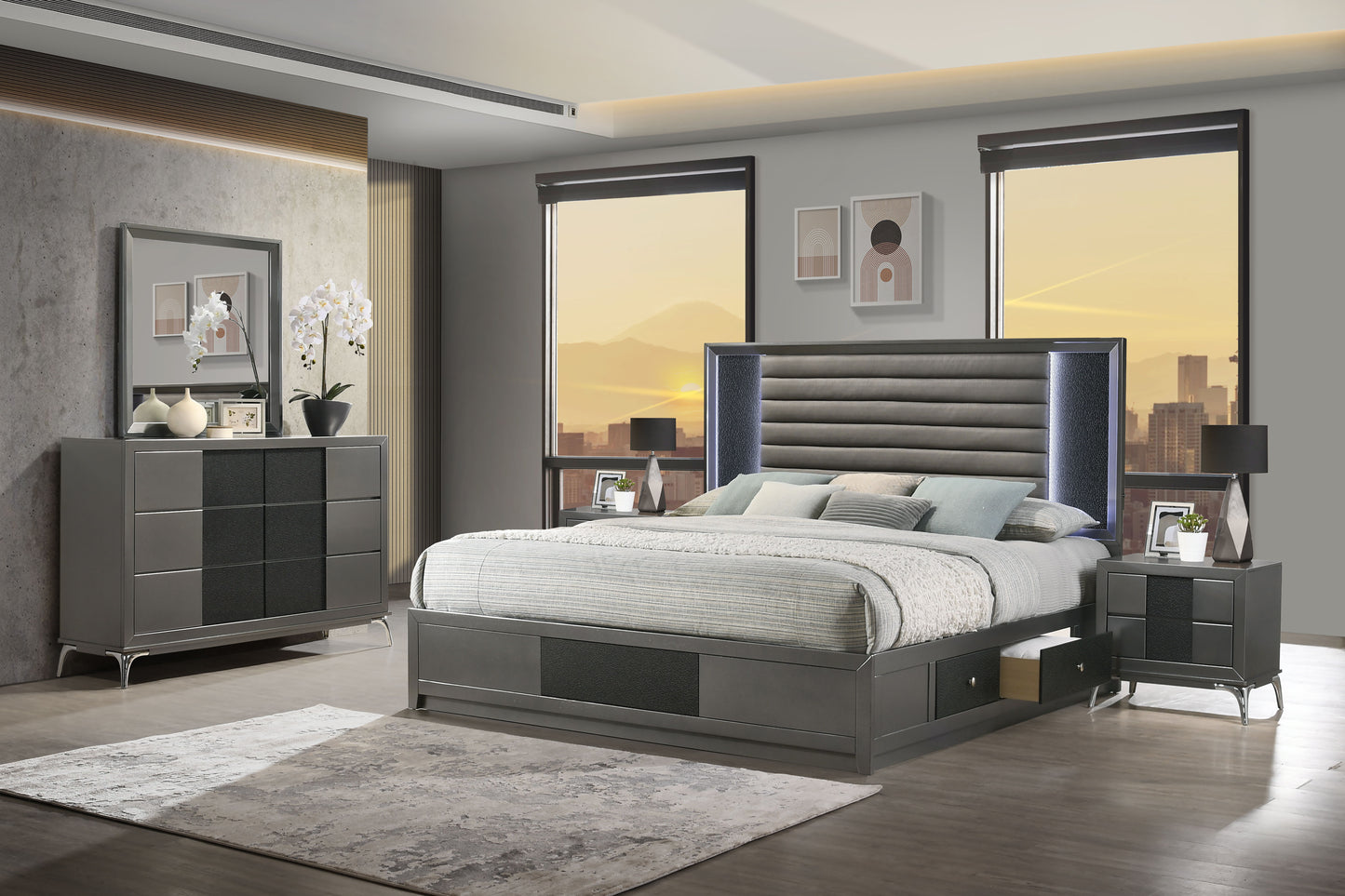 Nocturne - 6/6 Eastern King 5 Piece Bedroom Set (Bed, Dresser, Mirror, 2 Nightstands) - Gray