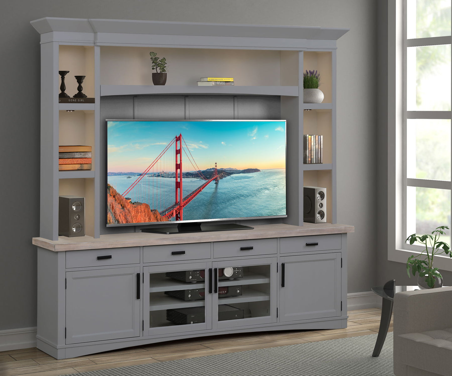 Americana Modern - TV Console with Hutch, Backpanel and LED Lights