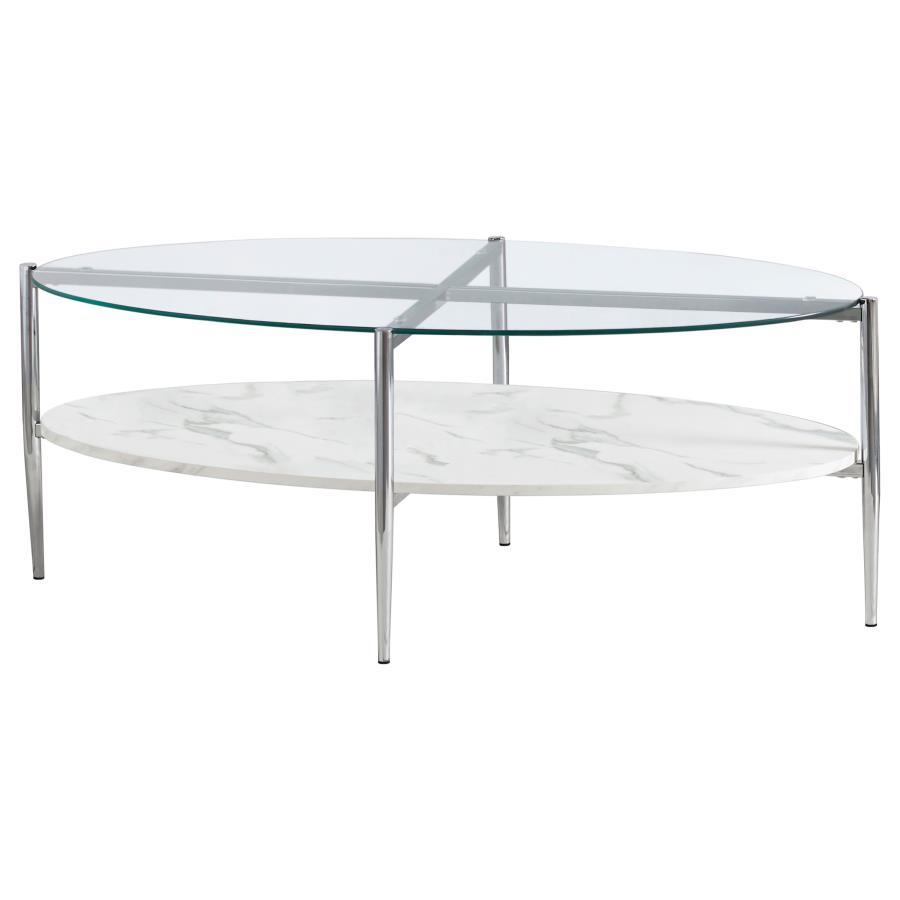 Cadee - Oval Glass Top Coffee Table - White And Chrome