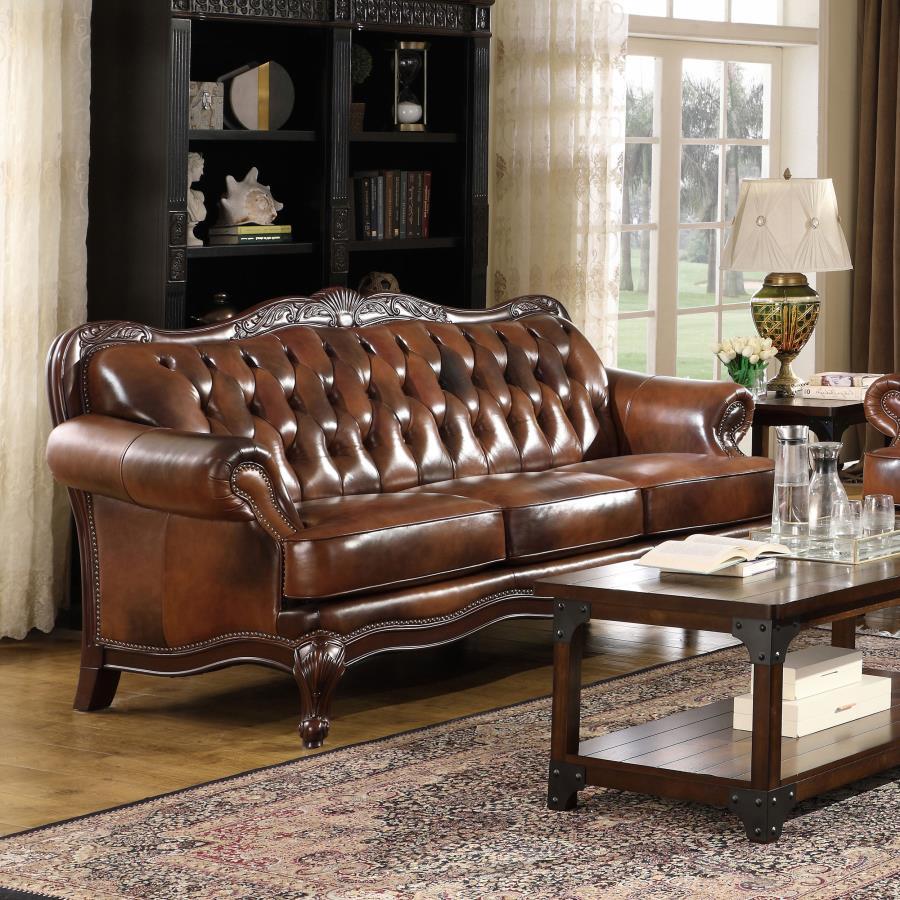 Victoria - Full Leather Upholstered Rolled Arm Sofa - Brown