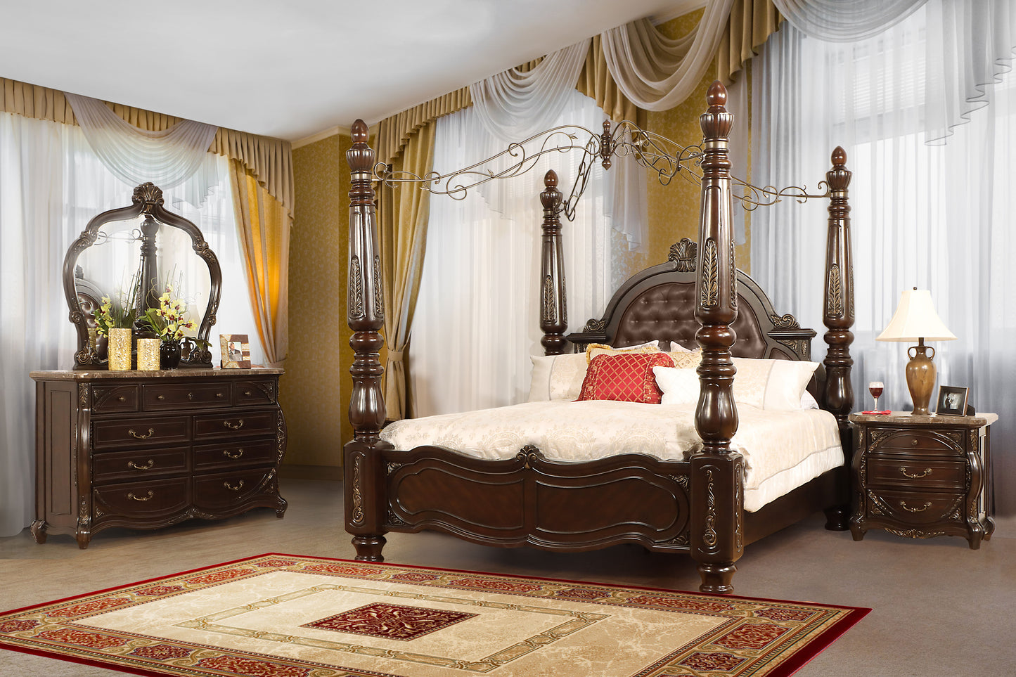 Palazzo Marina - 6/6 Eastern KIng Canopy 4 Piece Bedroom Set (Bed, Dresser, Mirror, Nightstand) - Cherry