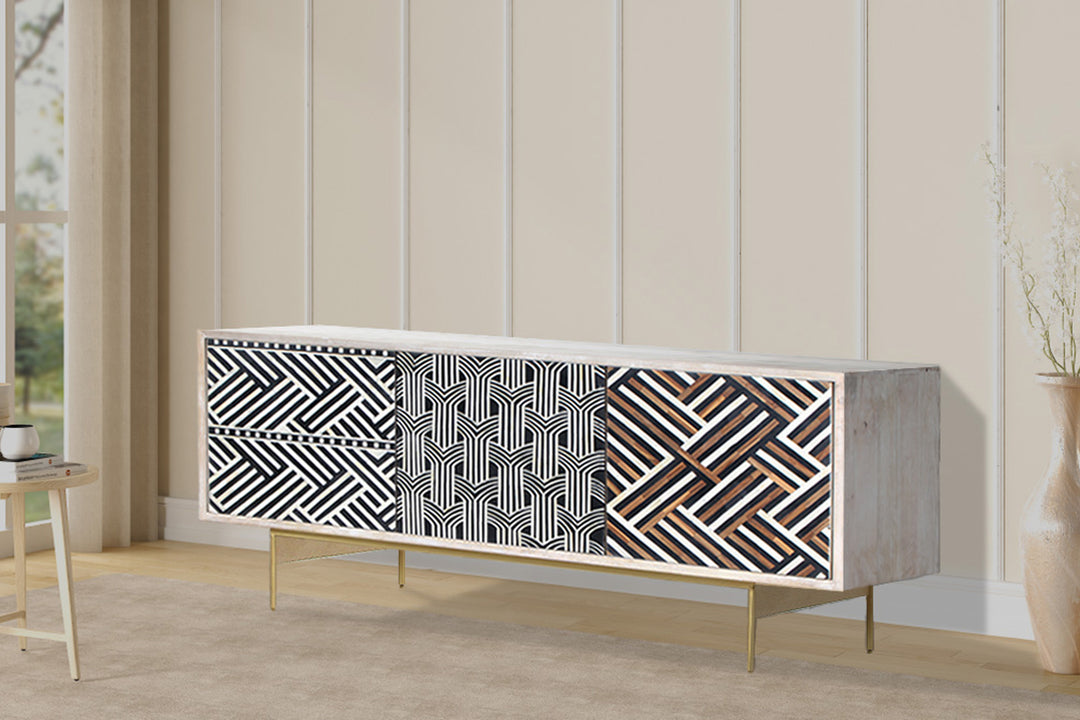 Fun yet fashionable, this multifunctional console captures the essence of the maximalism trend. Its artistically patterned doors are crafted with bone inlay and are perfect for keeping electronics, components, games, books and toys well-hidden.