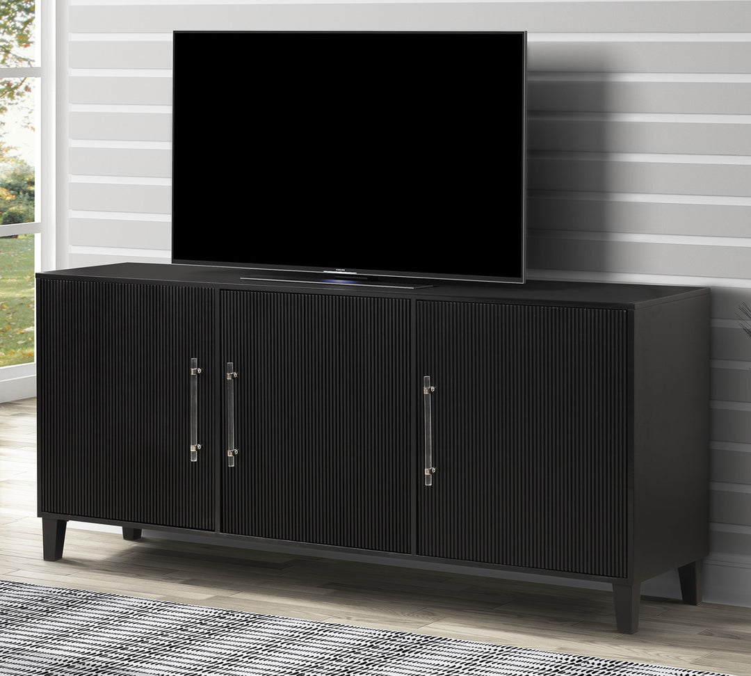 Bold in every way, the Bruno media console is a confirmed statement-maker. It features a clean-lined silhouette brought to life in a rich Caviar finish. Each of its three doors features a ribbed texture accented with fashionable hardware in a contemporary mix of materials. with plenty of storage room inside, it’s easier than ever to keep components and electronics organized. Tapered legs complete Bruno’s handsome appeal.